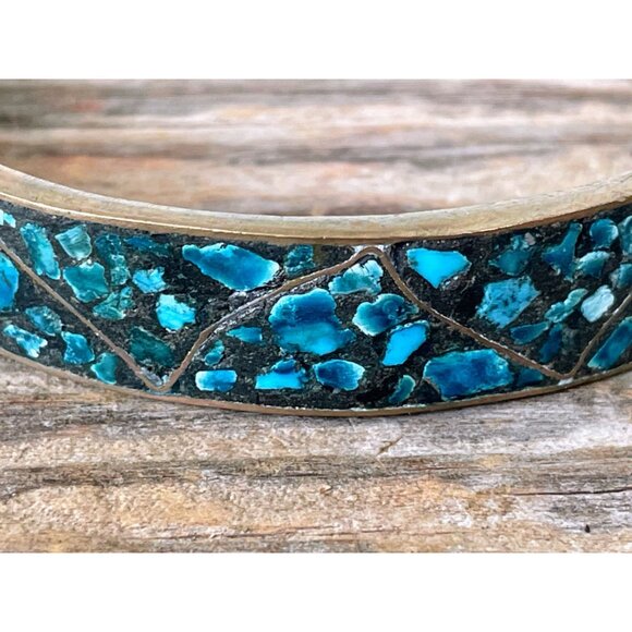 Vintage 1960s Crushed Blue Turquoise India Brass Bangle Bracelets - Picture 8 of 14